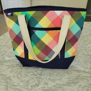 Lands' End Plaid 5 Pocket Zip Top Medium Camvas Tote Bag with Navy Trim